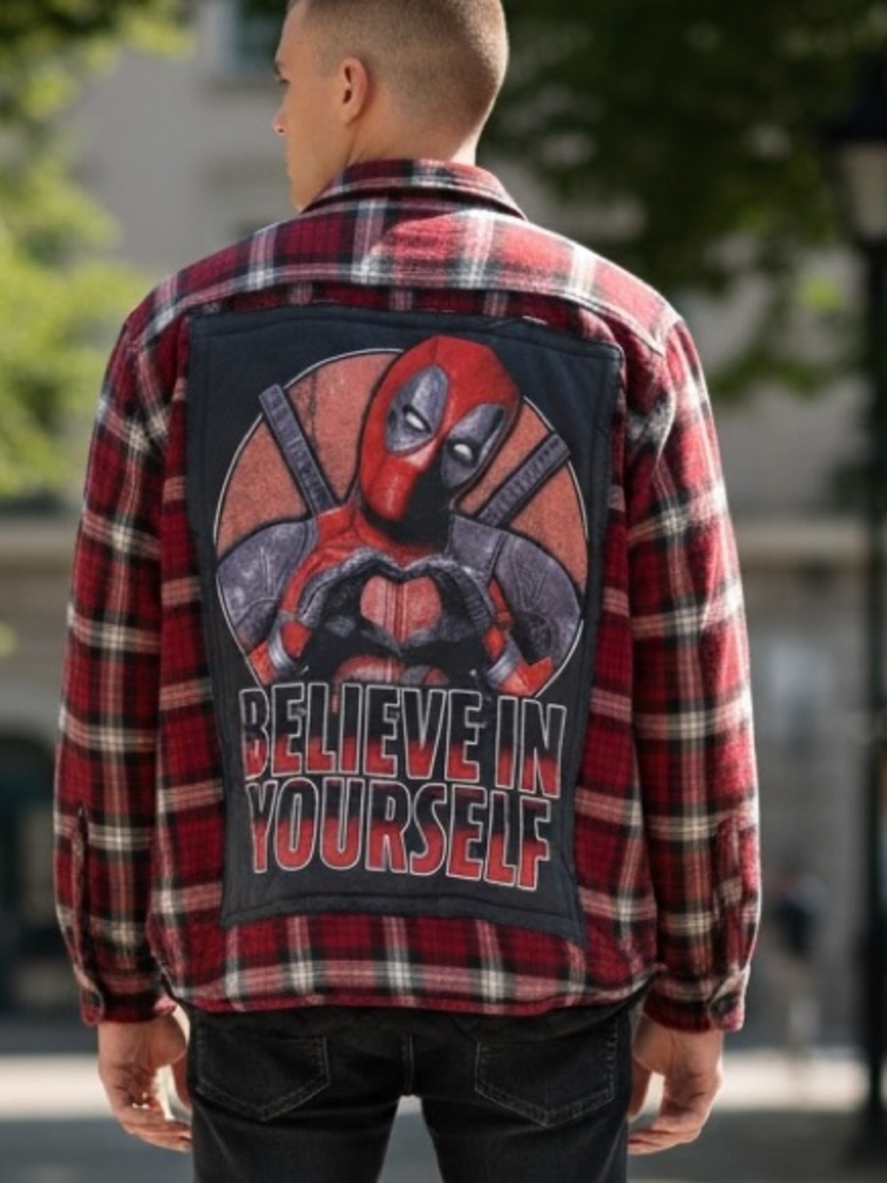 Red Plaid Flannel Jacket with Deadpool Back Patch - "Believe In Yourself" Size L - Picture 1 of 8